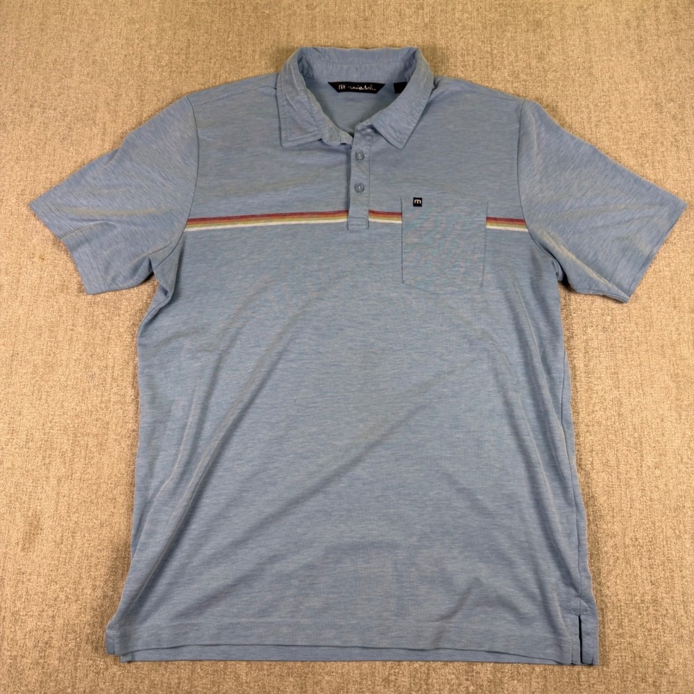 TravisMathew Polo Shirt Mens Large Blue Striped Pima Cotton Blend Short Sleeve